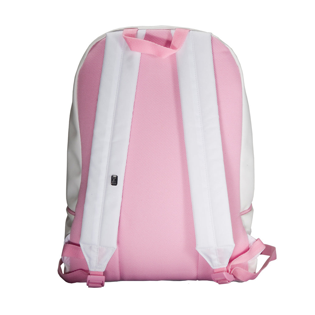 White and Pink Polkadot Winkipop surf backpack back view with shoulder straps and carry handle 