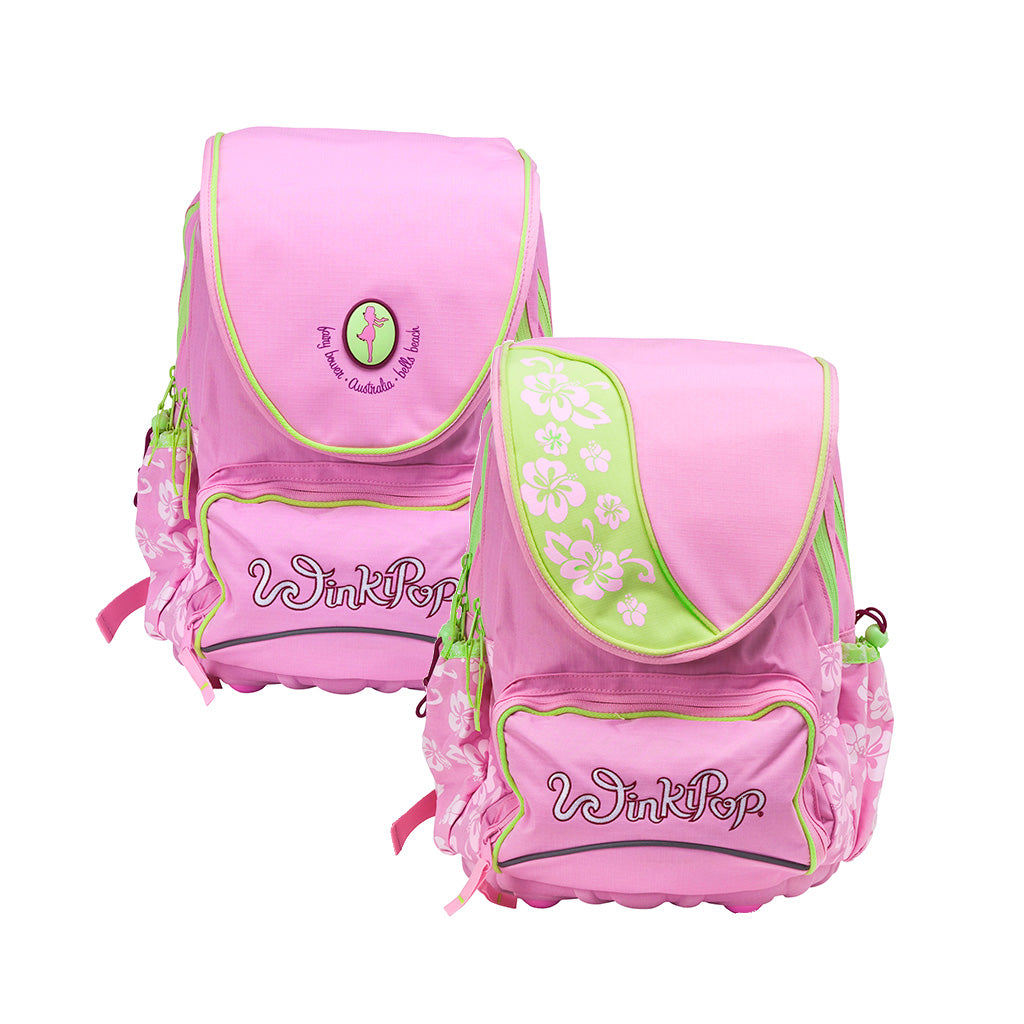 Pink and Lime Winkipop backpack front angle view with zippers, front pocket, and showing two different detachable flaps 