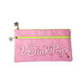 Pink and Lime winkipop flat pencil case front angle view showing two front pockets both with a flower shaped zipper puller with the winkipop logo placed on the front pocket