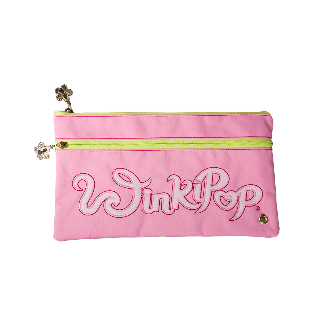 Pink and Lime winkipop flat pencil case front angle view showing two front pockets both with a flower shaped zipper puller with the winkipop logo placed on the front pocket