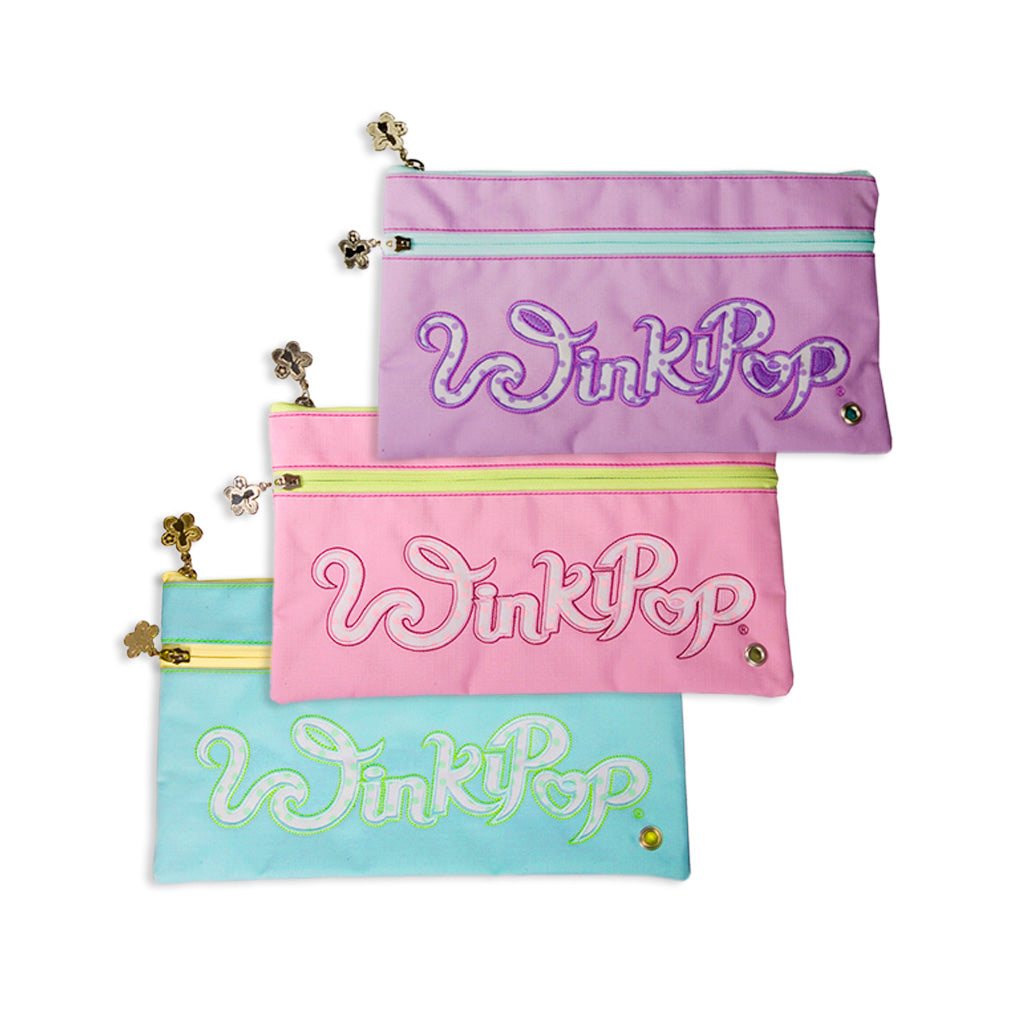 Winkipop flat pencil cases front angle view showing two front pockets both with a flower shaped zipper puller with the winkipop logo placed on the front pocket