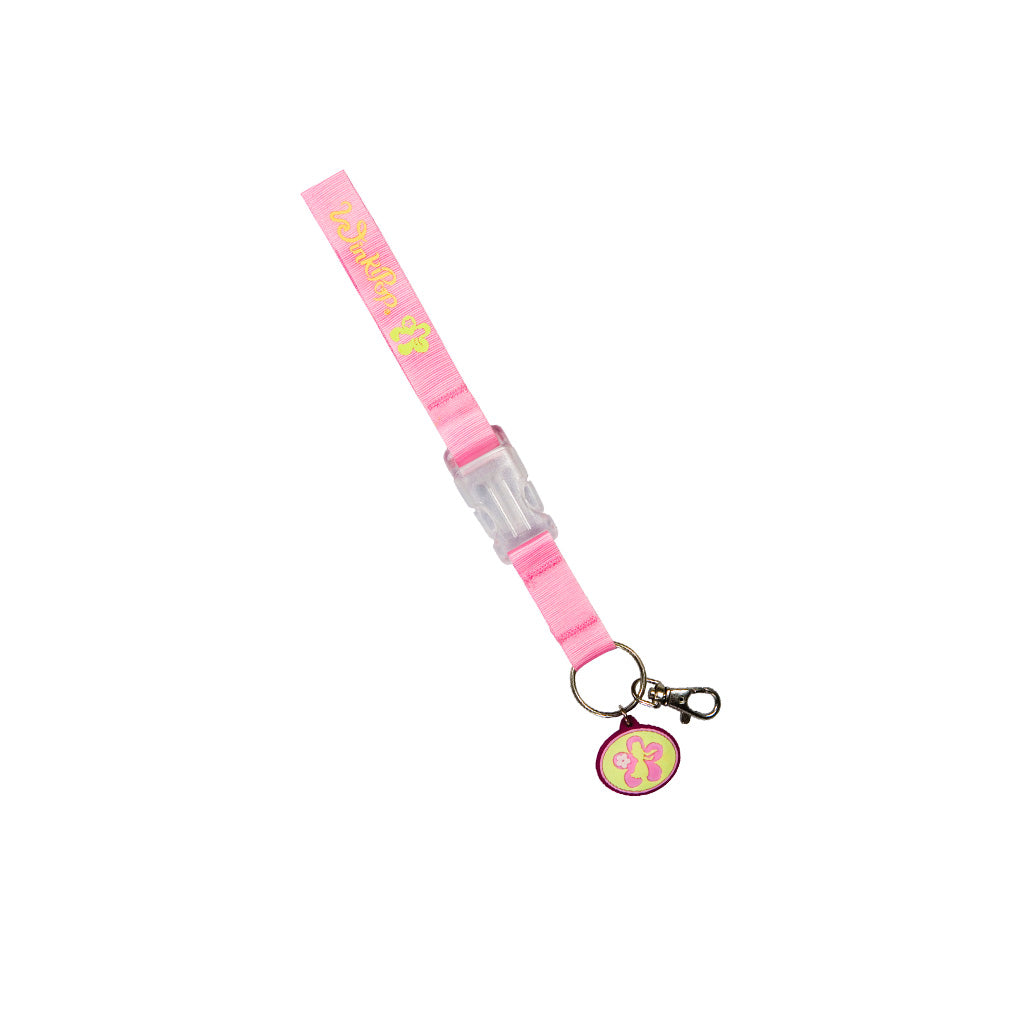 Pink Winkipop Lanyard front view angle showing detachable clip in the middle, key ring, Lime and pink gel circle with a hula girl and a clip ring 