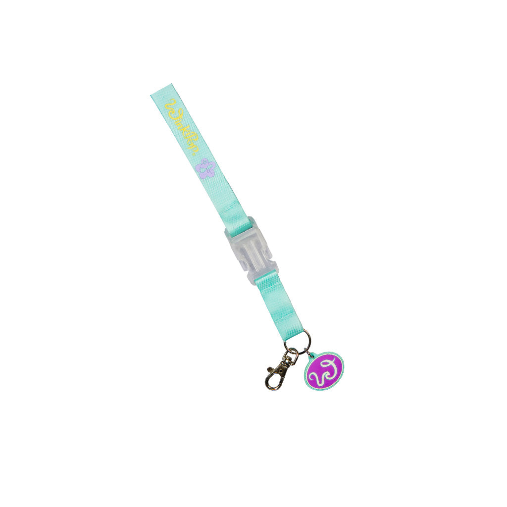 Aqua Winkipop Lanyard front view angle showing detachable clip in the middle, key ring, Purple and aqua gel circle with "W" and a clip ring 