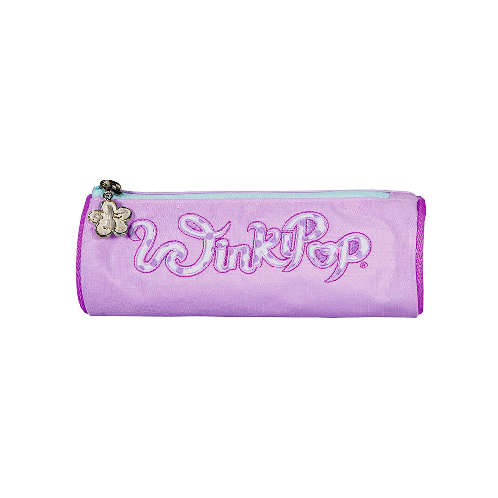 Purple and Aqua Winkipop tube pencil case front angle view showing winkipop logo in the middle and the top pocket flower shaped zipper puller 