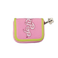 Pink and Lime winkipop wallet front angle view with the winkipop logo and a flower shaped zipper puller 
