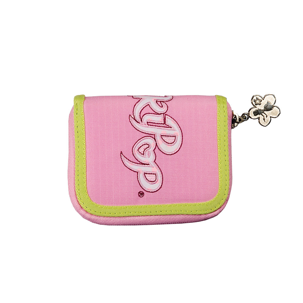 Pink and Lime winkipop wallet front angle view with the winkipop logo and a flower shaped zipper puller 