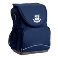 Branxton Public School Ergo Tuff-Pack backpack Navy. Front side angle, padded shoulder straps, two zipper compartments, front zipper pocket, D-Ring and mesh water bottle.