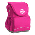 Branxton Public School Ergo Tuff-Pack backpack Pink. Front side angle, padded shoulder straps, two zipper compartments, front zipper pocket, D-Ring and mesh water bottle.