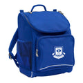 Mighty backpack in colour royal, front side angle displaying carry handle, padded shoulder straps, top zipper compartment, front zipper pocket and mesh water bottle holder with Branxton Public School logo