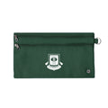 Harlequin Green pencil case front angle displaying two zip compartments and D-ring with Hope Christian logo 