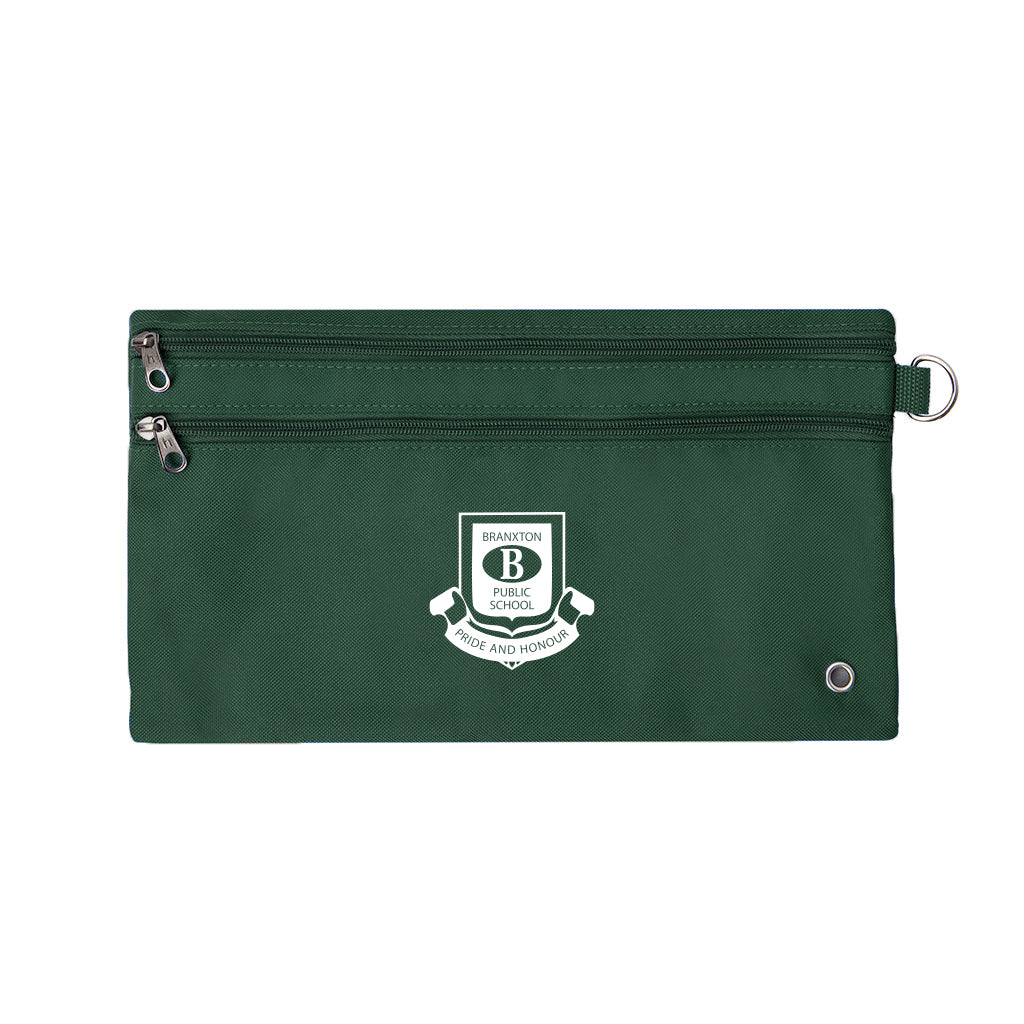 Harlequin Green pencil case front angle displaying two zip compartments and D-ring with Hope Christian logo 