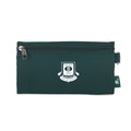 Harlequin green pencil case front angle displaying two zip compartments and D-ring with Branxton Public School logo