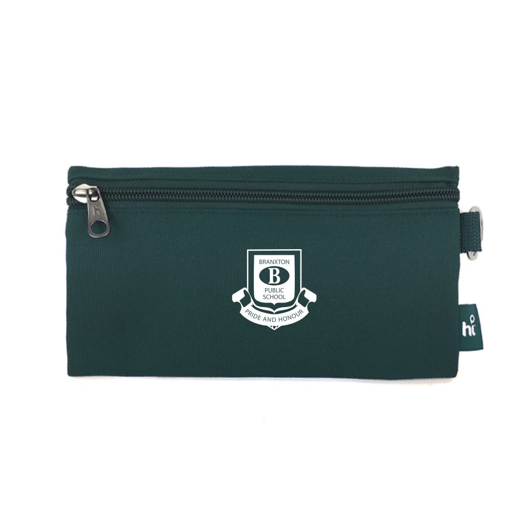 Harlequin green pencil case front angle displaying two zip compartments and D-ring with Branxton Public School logo