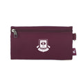 Harlequin maroon pencil case front angle displaying two zip compartments and D-ring with Branxton Public School logo