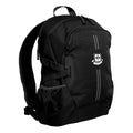 Black Harlequin Quantum Bag front view with two compartments with zip closure, light reflectors on the front pocket and adjustable straps and bottle holder on the sides of the bag and Branxton Public School logo