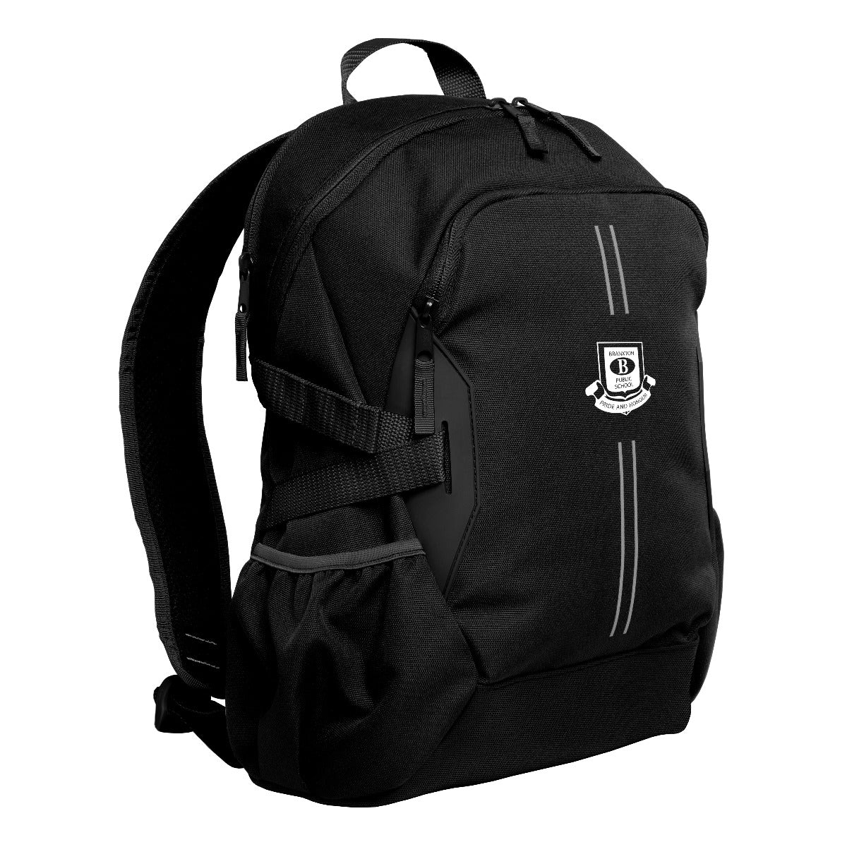Black Harlequin Quantum Bag front view with two compartments with zip closure, light reflectors on the front pocket and adjustable straps and bottle holder on the sides of the bag and Branxton Public School logo