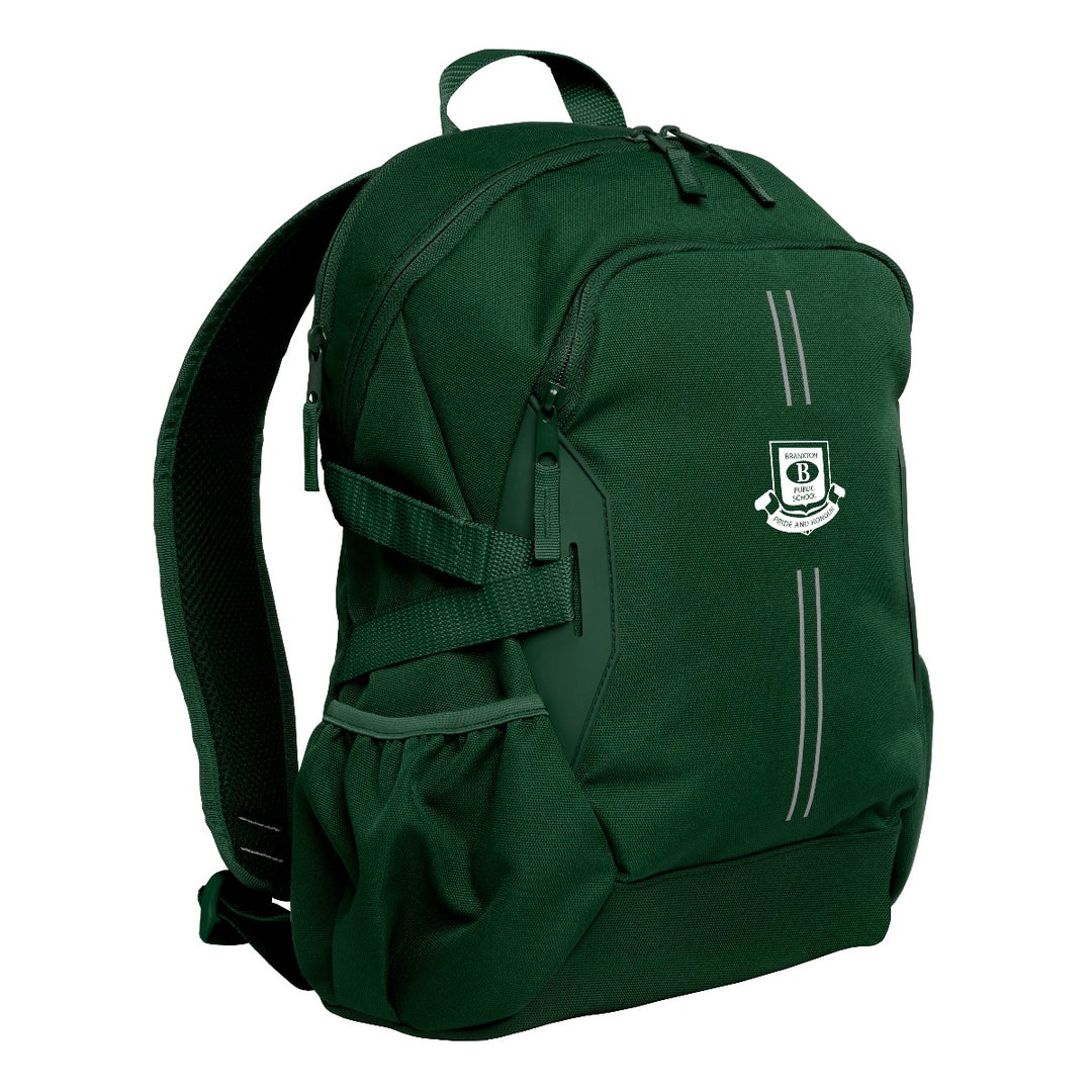 Green Harlequin Quantum Backpack Bag with personalisation, two compartments with zip closure, light reflectors on the front pocket and adjustable straps and bottle holder on the sides of the bag.