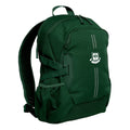 Green Harlequin Quantum Backpack Bag with personalisation, two compartments with zip closure, light reflectors on the front pocket and adjustable straps and bottle holder on the sides of the bag.