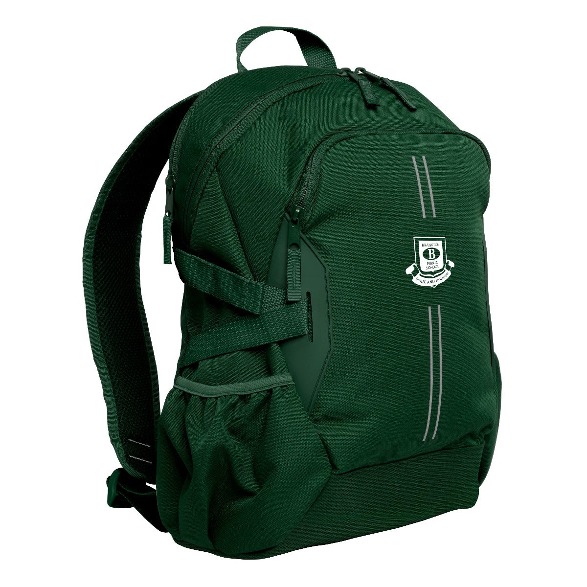 Green Harlequin Quantum Backpack Bag with personalisation, two compartments with zip closure, light reflectors on the front pocket and adjustable straps and bottle holder on the sides of the bag.