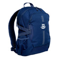 Navy Harlequin Quantum Bag front view with two compartments with zip closure, light reflectors on the front pocket and adjustable straps and bottle holder on the sides of the bag and Branxton Public School logo
