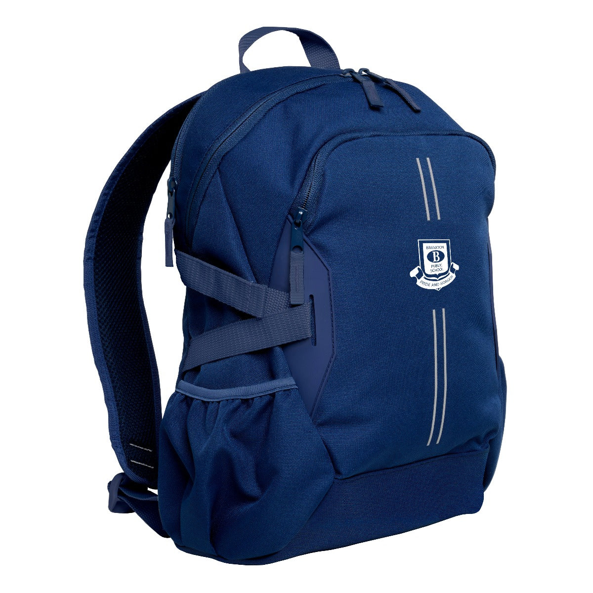 Navy Harlequin Quantum Bag front view with two compartments with zip closure, light reflectors on the front pocket and adjustable straps and bottle holder on the sides of the bag and Branxton Public School logo