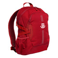 Red Harlequin Quantum Bag front view with two compartments with zip closure, light reflectors on the front pocket and adjustable straps and bottle holder on the sides of the bag and Branxton Public School logo