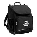 Mighty backpack in colour black, front side angle displaying carry handle, padded shoulder straps, top zipper compartment, front zipper pocket and mesh water bottle holder with Branxton Public School logo