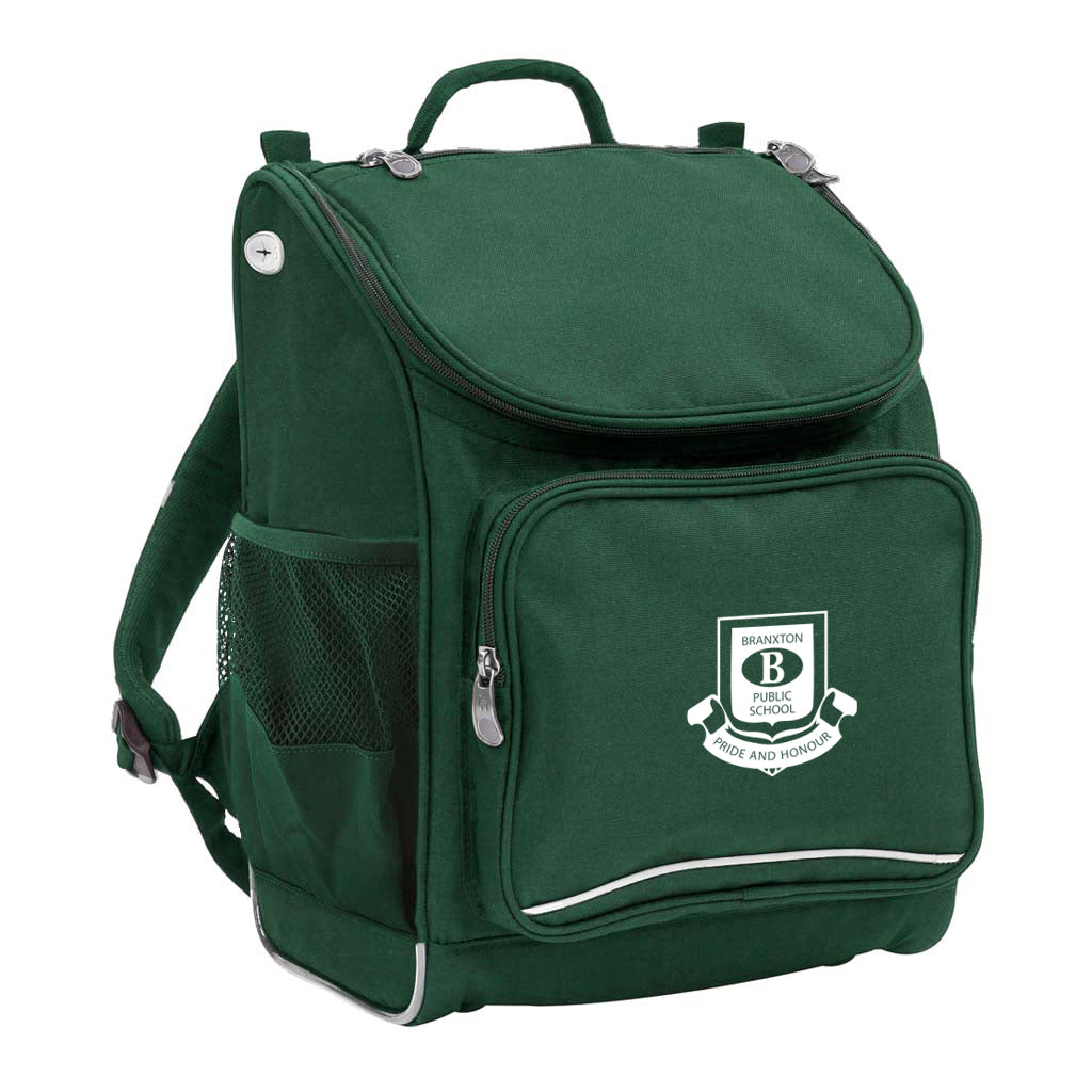 Mighty backpack in colour Green, front side angle displaying carry handle, padded shoulder straps, top zipper compartment, front zipper pocket and mesh water bottle holder with Branxton Public School logo