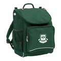 Mighty backpack in colour Green, front side angle displaying carry handle, padded shoulder straps, top zipper compartment, front zipper pocket and mesh water bottle holder with Branxton Public School logo