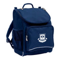 Mighty backpack in colour navy, front side angle displaying carry handle, padded shoulder straps, top zipper compartment, front zipper pocket and mesh water bottle holder with Branxton Public School logo