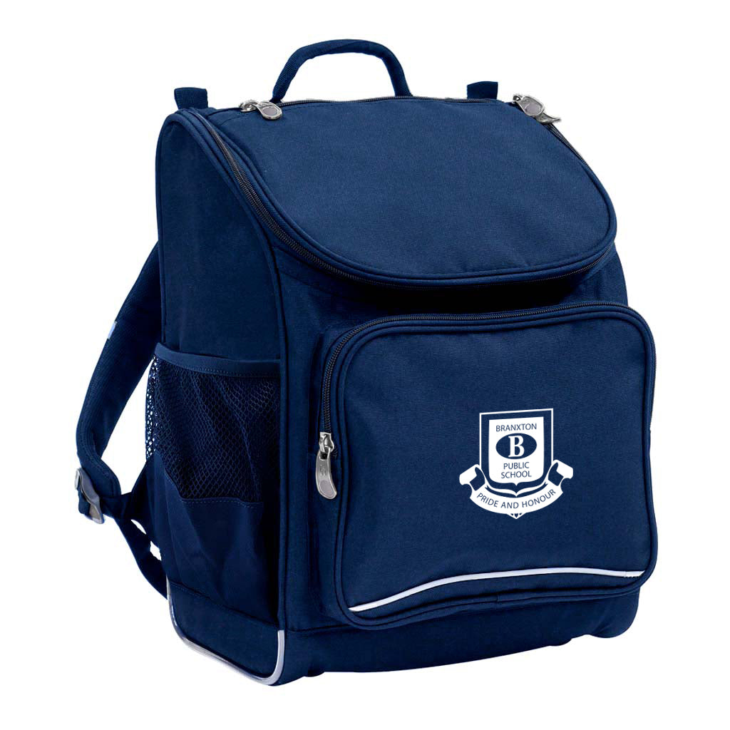 Mighty backpack in colour navy, front side angle displaying carry handle, padded shoulder straps, top zipper compartment, front zipper pocket and mesh water bottle holder with Branxton Public School logo