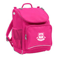 Mighty backpack in colour pink, front side angle displaying carry handle, padded shoulder straps, top zipper compartment, front zipper pocket and mesh water bottle holder with Branxton Public School logo