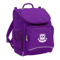 Mighty backpack in colour purple, front side angle displaying carry handle, padded shoulder straps, top zipper compartment, front zipper pocket and mesh water bottle holder with Branxton Public School logo