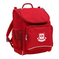 Mighty backpack in colour Red, front side angle displaying carry handle, padded shoulder straps, top zipper compartment, front zipper pocket and mesh water bottle holder with Branxton Public School logo