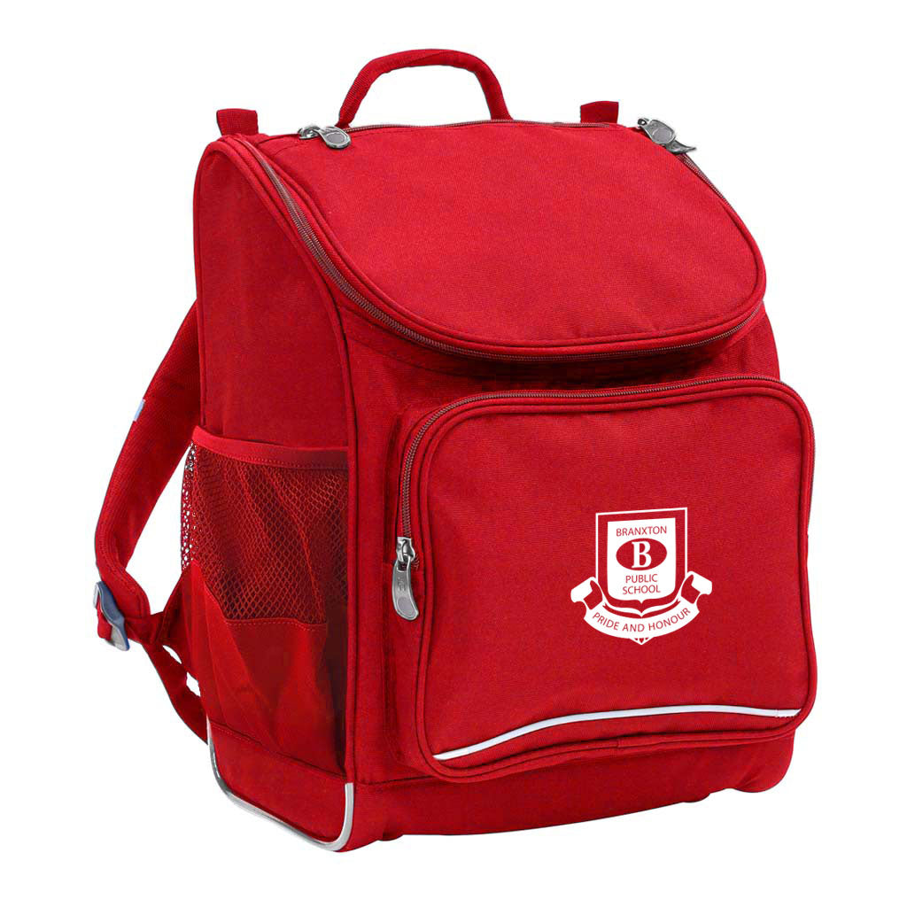 Mighty backpack in colour Red, front side angle displaying carry handle, padded shoulder straps, top zipper compartment, front zipper pocket and mesh water bottle holder with Branxton Public School logo