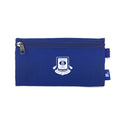Harlequin royal pencil case front angle displaying two zip compartments and D-ring with Branxton Public School logo