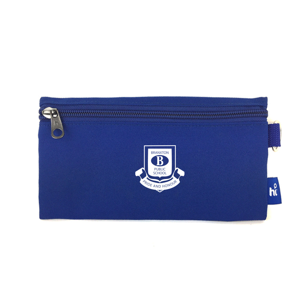 Harlequin royal pencil case front angle displaying two zip compartments and D-ring with Branxton Public School logo