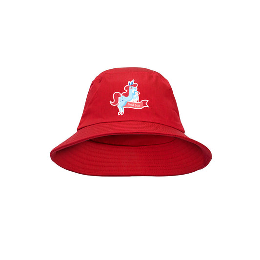 Harlequin red bucket school  hat displaying a soft cotton with a wide downwards sloping brim with a unicorn personalisation on the front