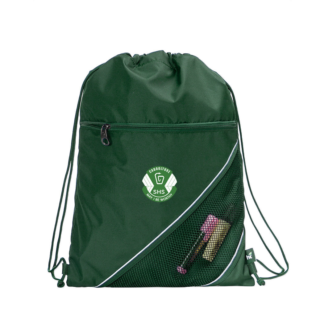 Harlequin green eco sprint bag displaying drawstring close, top zipper, external zippered pocket, and d-ring trinket holder