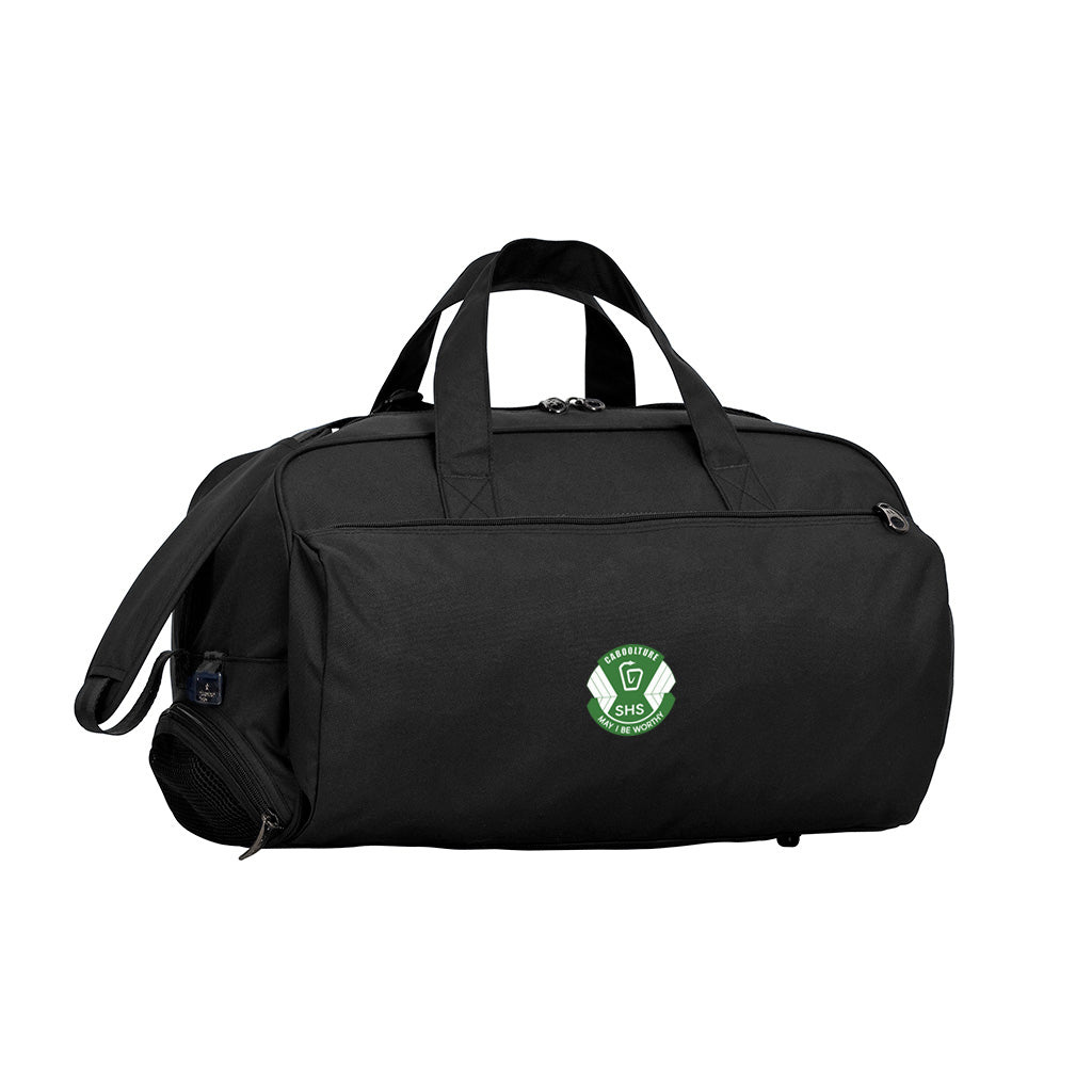 Harlequin Sports Bag in Black front angle displaying carry handles, top zip compartment, front lower zip compartment and shoulder strap 