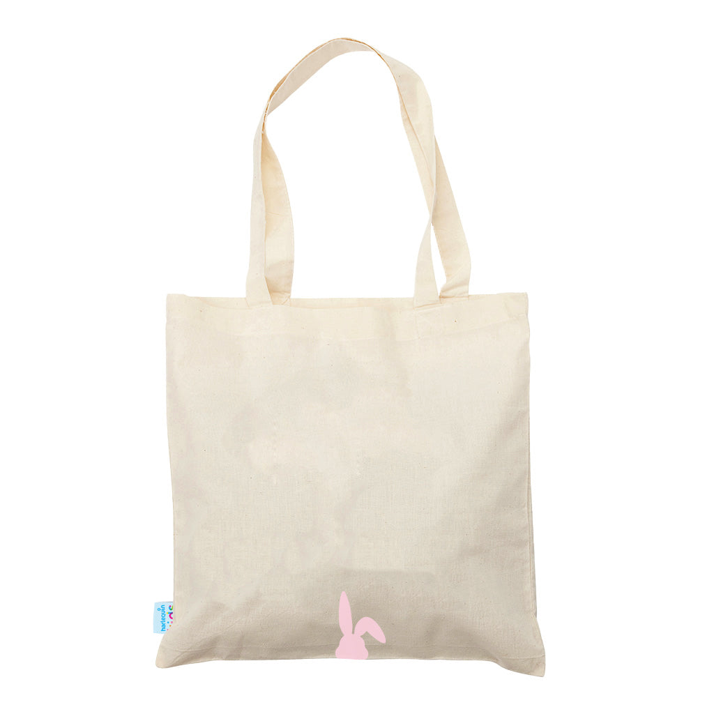 Harlequin Calico bag in natural colour, back view with pink Bunny design - back view