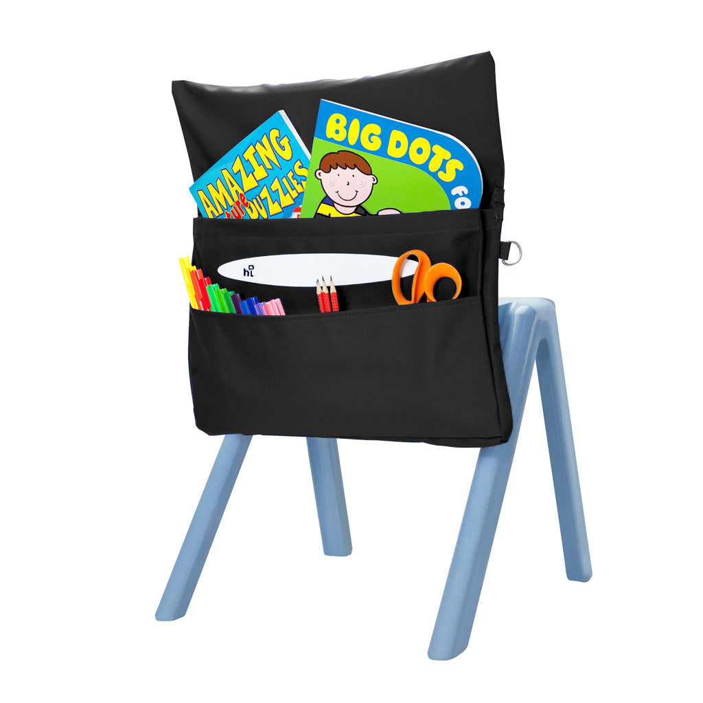 Harlequin black chair bag back angle view displaying two pockets, D ring and name bar