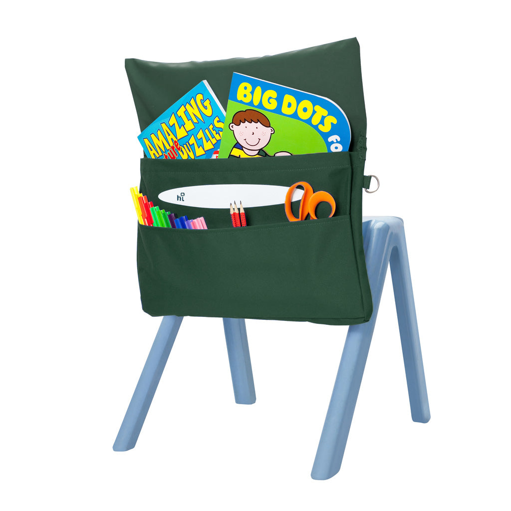 Harlequin green chair bag back angle view displaying two pockets, D ring and  name bar