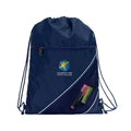 Harlequin navy eco sprint bag displaying drawstring opening, top zipper, external zippered pocket, and d-ring trinket holder