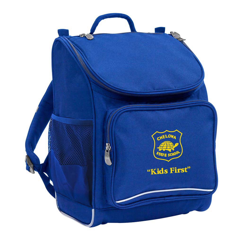 Mighty backpack in colour Royal, front side angle displaying carry handle, padded shoulder straps, top zipper compartment, front zipper pocket and mesh water bottle holder with Chelona State School logo