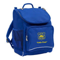 Mighty backpack in colour Royal, front side angle displaying carry handle, padded shoulder straps, top zipper compartment, front zipper pocket and mesh water bottle holder with Chelona State School logo