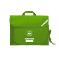 Harlequin Safety Library bag in apple green displaying carry handle, velcro opening, shoulder strap, reflector safety strip, reinforced corners and Chelona State School logo