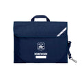Harlequin Safety Library bag in Navy displaying carry handle, velcro opening, shoulder strap, reflector safety strip, reinforced corners and Chelona State School logo