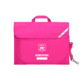 Harlequin Safety Library bag in pink displaying carry handle, velcro opening, shoulder strap, reflector safety strip, reinforced corners and Chelona State School logo