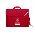 Harlequin Safety Library bag in Red displaying carry handle, velcro opening, shoulder strap, reflector safety strip, reinforced corners and Chelona State School logo